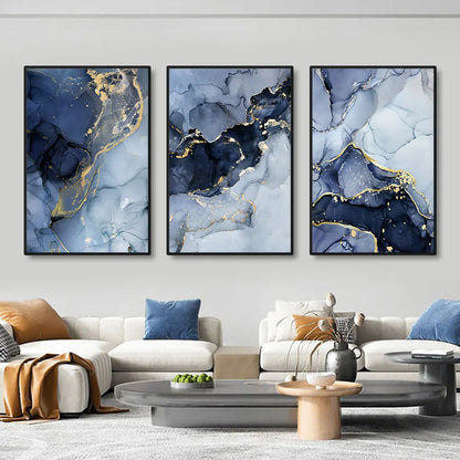 3pcs Modern Gold Blue Marble Wall Art Posters Abstract Canvas Painting Prints Pictures Living Room Interior Home Decoration