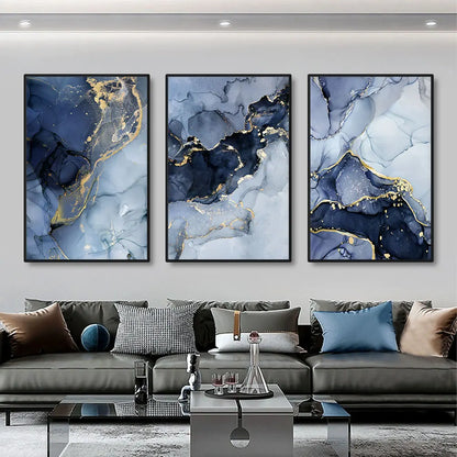 3pcs Modern Gold Blue Marble Wall Art Posters Abstract Canvas Painting Prints Pictures Living Room Interior Home Decoration