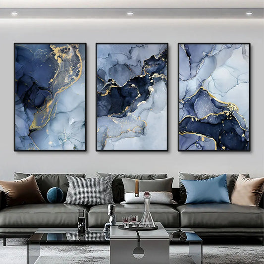 3pcs Modern Gold Blue Marble Wall Art Posters Abstract Canvas Painting Prints Pictures Living Room Interior Home Decoration