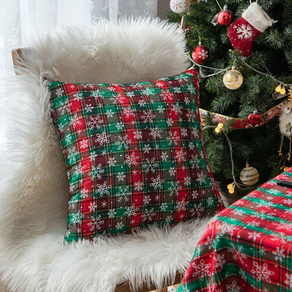 Christmas Tartan Plaid Pillow Case with Snowflake Design
