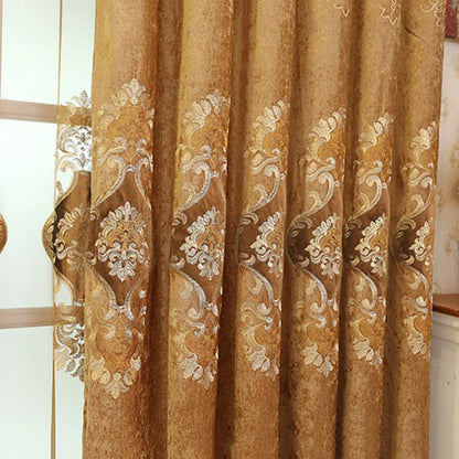 European Brown Chenille Blackout Curtain for Living Room Villa Luxury Flower Embroidery Drapes Room Darkening Thermal Insulated