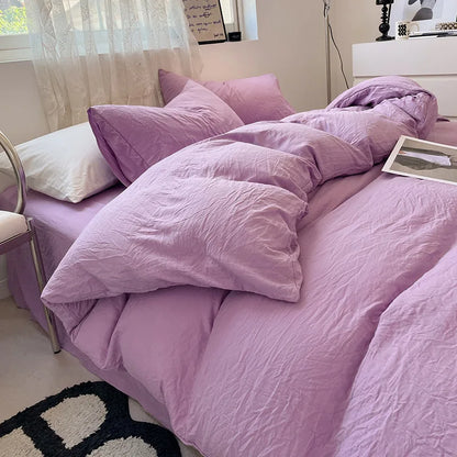 Japanese style solid color dual color washed cotton four piece set with no printed style quilt cover, bed sheet, fitted sheet,