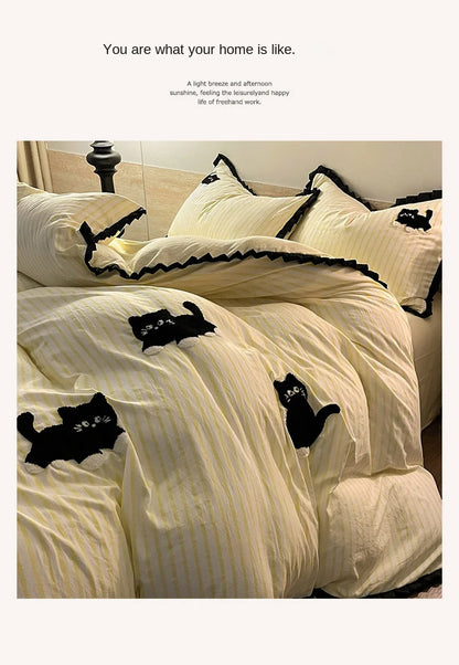 Green Stripe, Black Cat Embroidery Bedding Set
