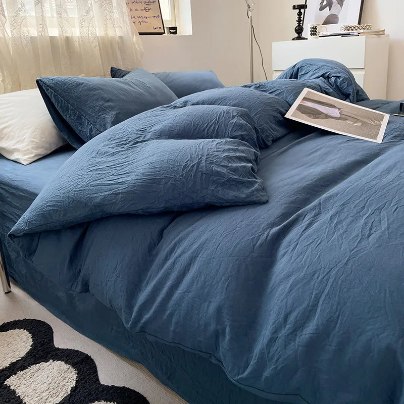 Japanese style solid color dual color washed cotton four piece set with no printed style quilt cover, bed sheet, fitted sheet,