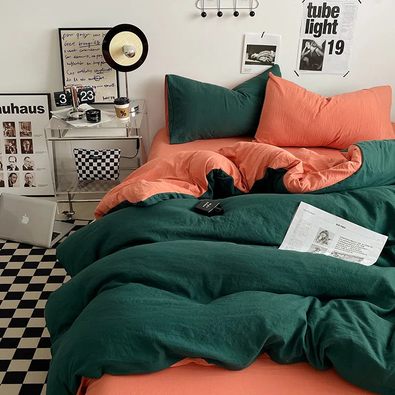 Japanese style solid color dual color washed cotton four piece set with no printed style quilt cover, bed sheet, fitted sheet,