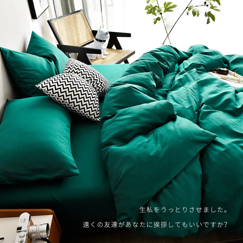 Bed Linen Bedding set Washed Cotton Four-Piece Bed Sheets Set Solid Color Green Simple Bed Quilt Cover Comforter Cover Duvet