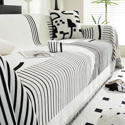 Irregular lines Chenille Sofa Towel for the Living Room, Nordic Style Home Decor with Tassel Edges, Three-Seater Sofa Set