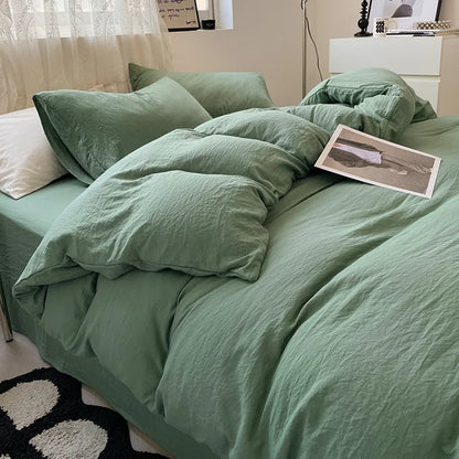 Japanese style solid color dual color washed cotton four piece set with no printed style quilt cover, bed sheet, fitted sheet,