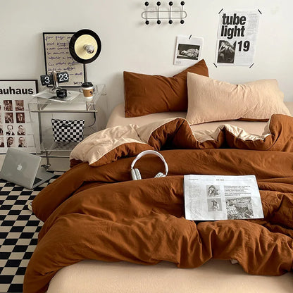 Japanese style solid color dual color washed cotton four piece set with no printed style quilt cover, bed sheet, fitted sheet,
