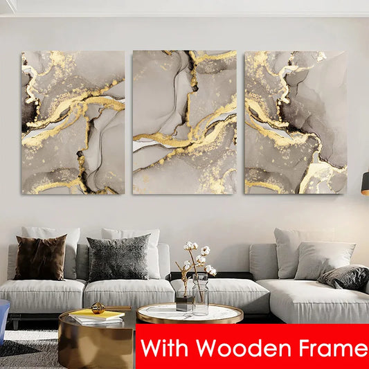 Marble Beige Gold Abstract Wall Art Posters with Frame Canvas Painting Prints Pictures Modern Living Room Interior Home Decor