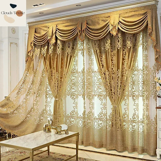 European Embroidery Luxury Gold Curtains for Living Dining Room Bedroom Door Window Room New High-end Tulle Customize