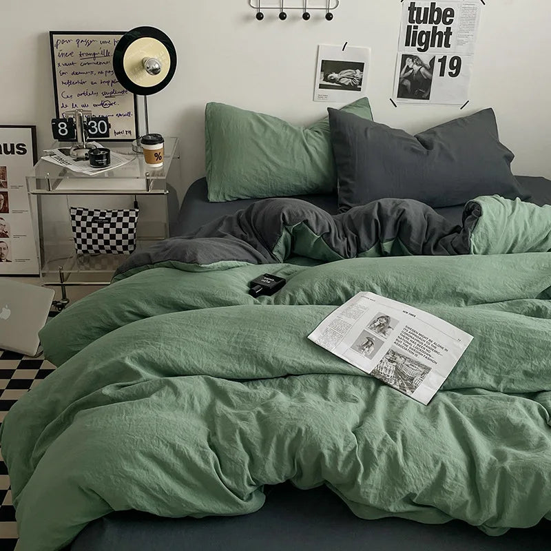 Japanese style solid color dual color washed cotton four piece set with no printed style quilt cover, bed sheet, fitted sheet,