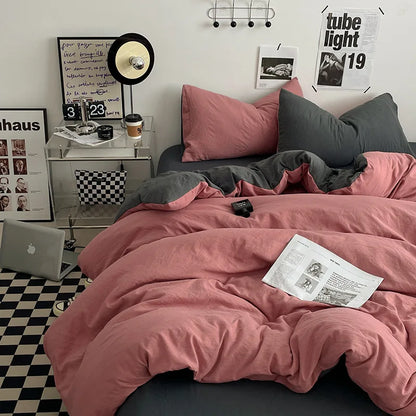 Japanese style solid color dual color washed cotton four piece set with no printed style quilt cover, bed sheet, fitted sheet,
