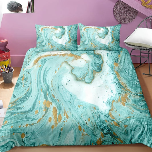 Green Color Duvet Cover Retro Watercolor Marble Bedding Set and Pillowcases Elegant Guest Room Decor