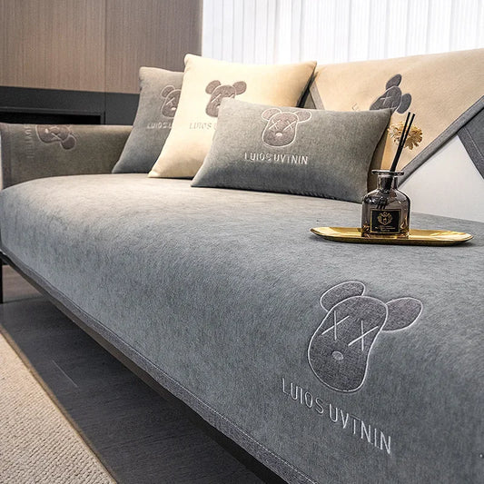 Chenille Sofa Cover Antislip Universal for All Seasons Dust Sofa Cover Solid Color Embroidered Decor Sofa Cushion Backrest Towel
