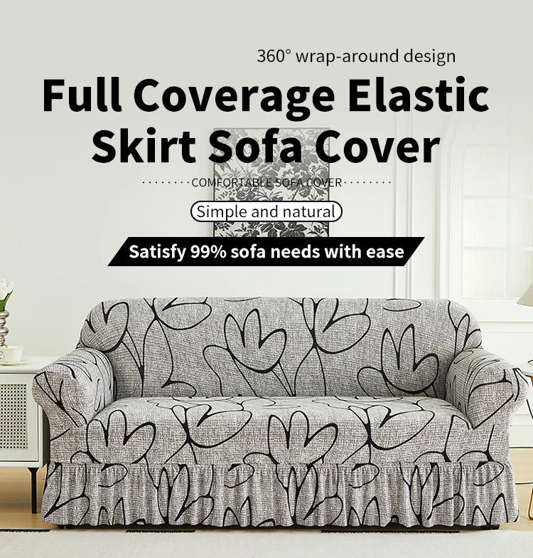 Printed Sofa Cover with Skirt - Full Coverage & Elastic, Multiple Colors