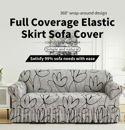 Printed Sofa Cover with Skirt - Full Coverage & Elastic, Multiple Colors