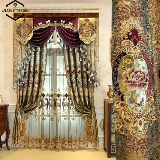Luxury Golden Velvet Embroidered Curtains for Living Room Bedroom Elegant Hollow Shading Drapes Custom Valance Tulle Villa Decor