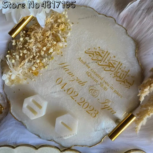 Muslim Mirror Wedding Vinyl Stickers Personalized Nikkah Plate Sign Wedding Ring Plate Decals Custom Names And Dates Decals