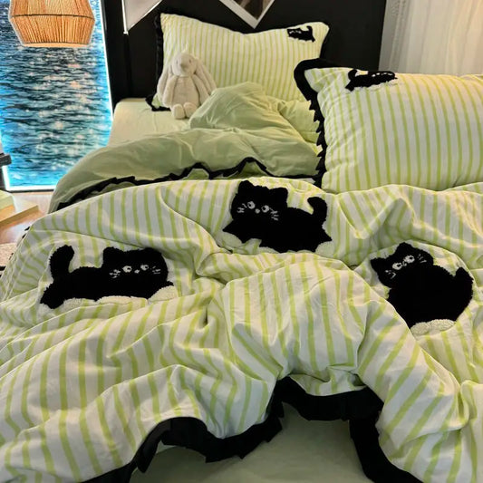 Green Stripe, Black Cat Embroidery Bedding Set