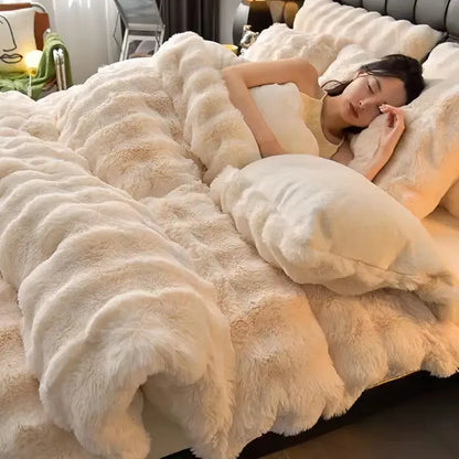 Colorful Rabbit Plush Bed Set with Four Pieces Winter Thick Milk Velvet Duvet Cover Double Sided Velvet Sheet Bedroom Beds Set