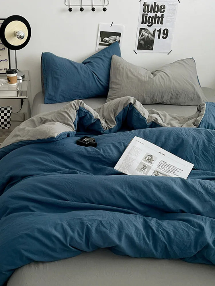 Japanese style solid color dual color washed cotton four piece set with no printed style quilt cover, bed sheet, fitted sheet,