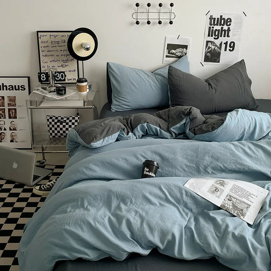 Japanese style solid color dual color washed cotton four piece set with no printed style quilt cover, bed sheet, fitted sheet,