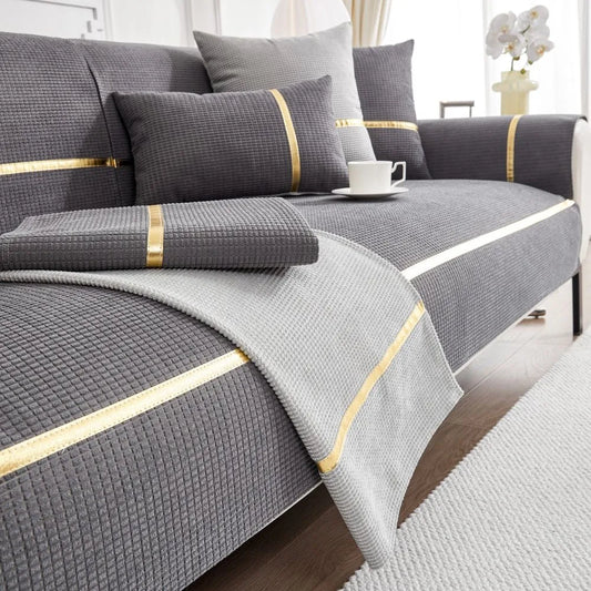 New Gold Edge Sofa Cushion Cover Seat Cushion Household 2024 Four Seasons Modern Simple Non Slip Corn Silk Fabric Sofa Cover