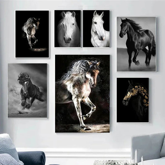 Modern Animals Horse Black and White Horse Posters, Prints Wall Art Pictures Canvas Painting, for Living Room Home Decoration