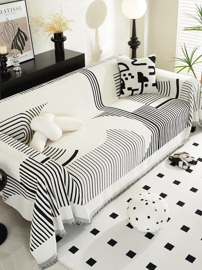 Irregular lines Chenille Sofa Towel for the Living Room, Nordic Style Home Decor with Tassel Edges, Three-Seater Sofa Set