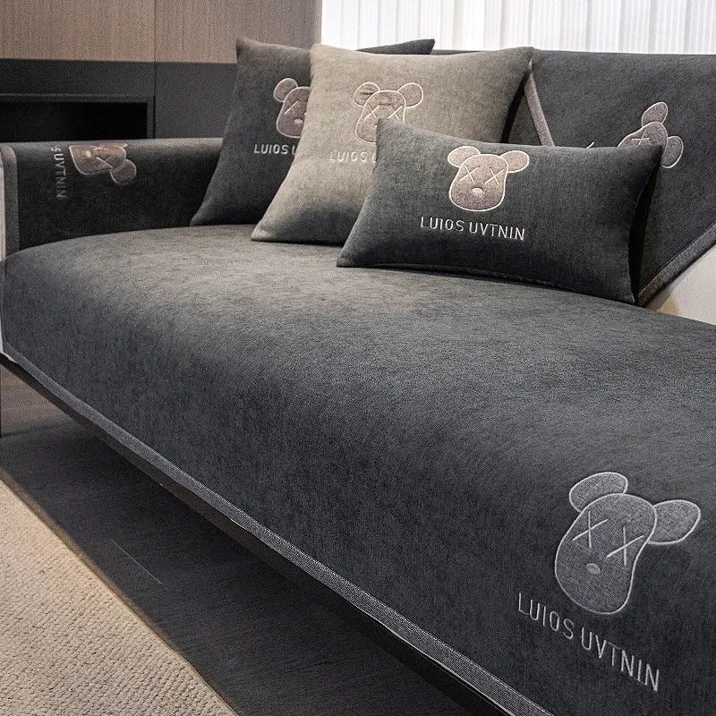 Chenille Sofa Cover Antislip Universal for All Seasons Dust Sofa Cover Solid Color Embroidered Decor Sofa Cushion Backrest Towel