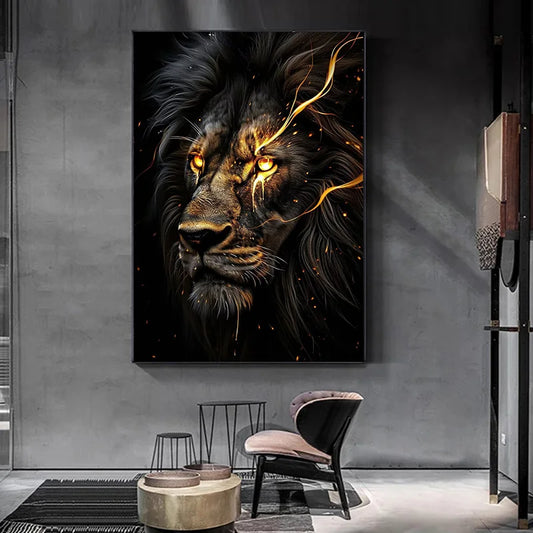 Black and Golden Light Lion Posters Modern Animal Canvas Painting HD Pictures Wall Art for Living Room Home Decoration No Frame