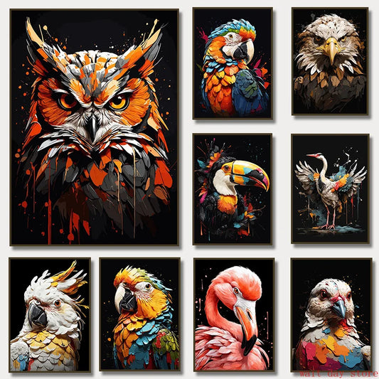 Crane Bird Owl Parrot Eagle  Toucan Flamingo Animal Splatter Poster Print Canvas Painting for Living Room Home Decor Cuadros