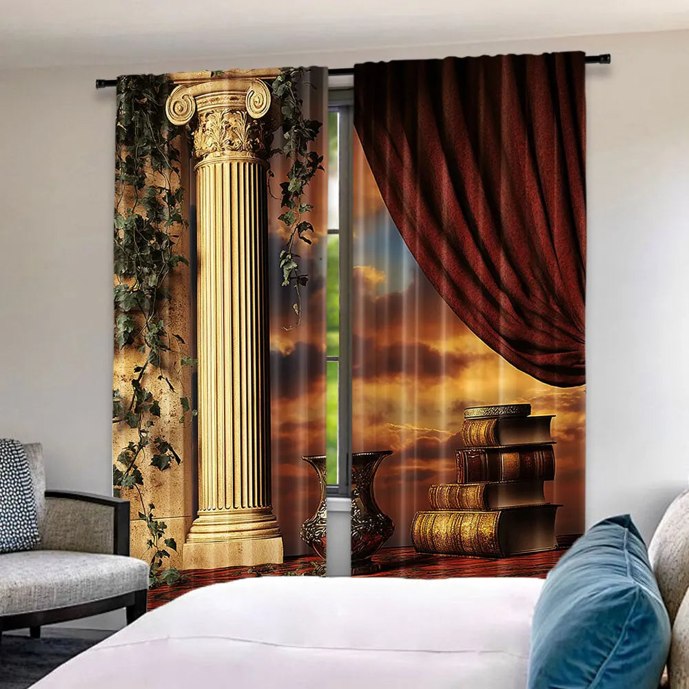 2Pcs Gothic Curtains Greek Style Scene Columns With Vines And Red Curtain Sunset Suitable For Bedroom Bathroom Living Room