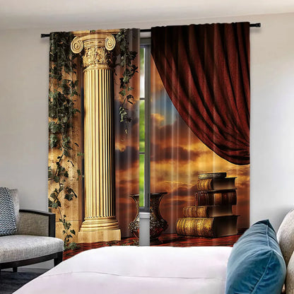 2Pcs Gothic Curtains Greek Style Scene Columns With Vines And Red Curtain Sunset Suitable For Bedroom Bathroom Living Room